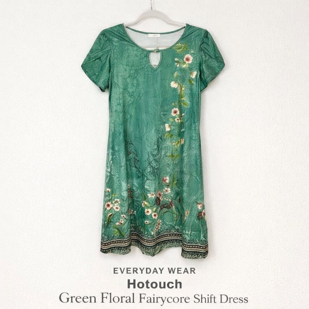 Hotouch Green Floral Fairycore Shift Dress Keyhole Neck Flutter Sleeves M - Picture 2 of 15